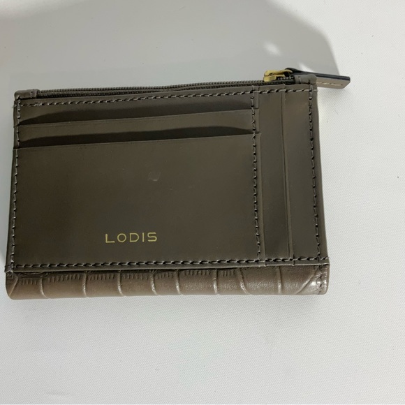 LODIS Brown Crocs Leather Bifold Sm Wallet Gold Hardware, 8 Card Slots Zip Area - Picture 3 of 16